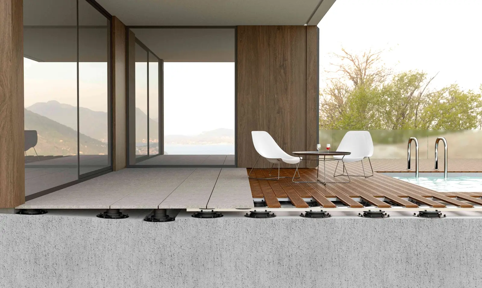 visione laterale di una terrazza con supporti Horizon